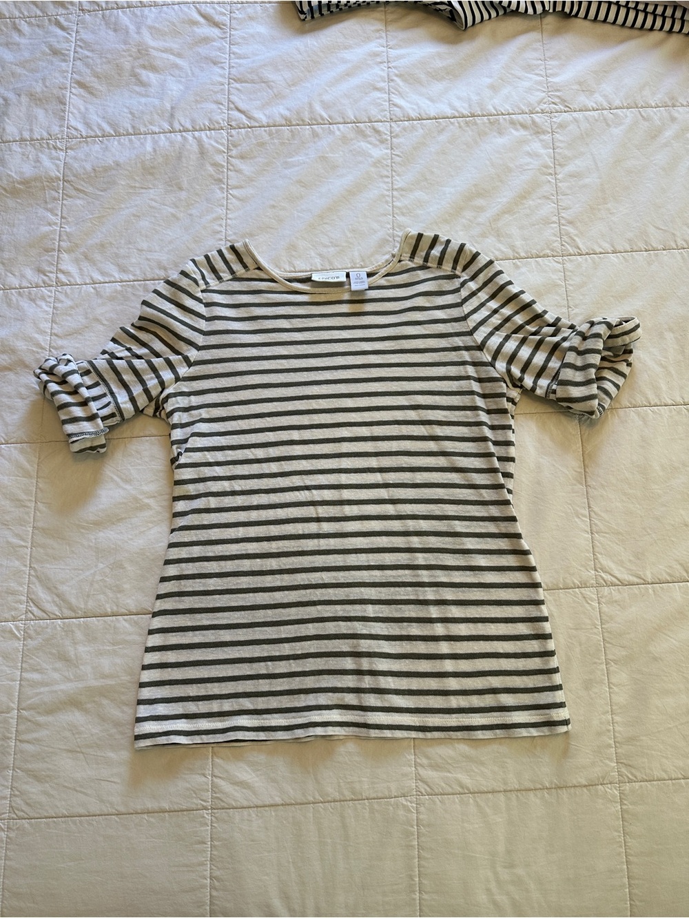 Chico's Cream and Green Striped Short Sleeve Top
